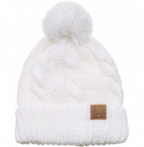 Skullies & Beanies Winter Oversized Cable Knitted Pom Pom Beanie Hat with Fleece Lining. - White - C9186MHHSLO