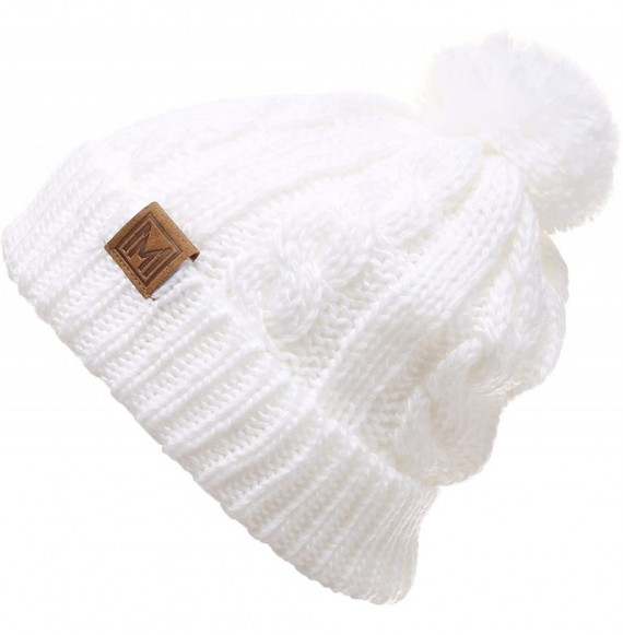 Skullies & Beanies Winter Oversized Cable Knitted Pom Pom Beanie Hat with Fleece Lining. - White - C9186MHHSLO