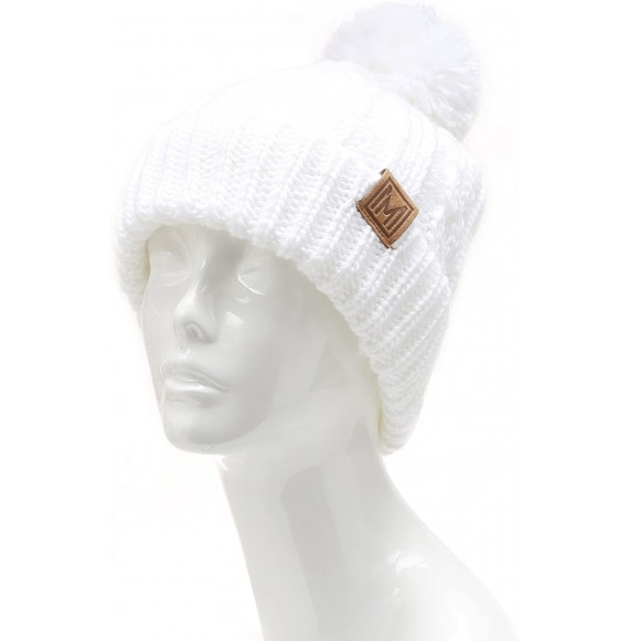 Skullies & Beanies Winter Oversized Cable Knitted Pom Pom Beanie Hat with Fleece Lining. - White - C9186MHHSLO