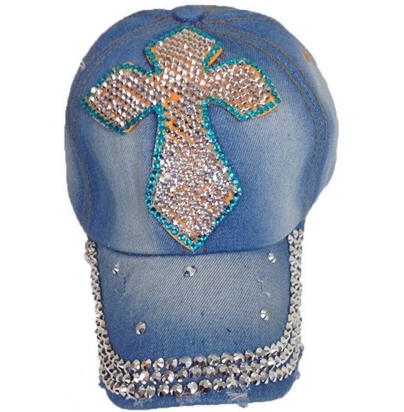 Baseball Caps Blue Ladies Distresed Denim Jean Bling Bling Jewls Adjust Baseball Cap Hat - 7-cross - CY125AIU6VZ