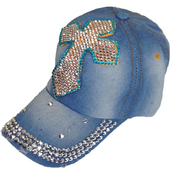 Baseball Caps Blue Ladies Distresed Denim Jean Bling Bling Jewls Adjust Baseball Cap Hat - 7-cross - CY125AIU6VZ