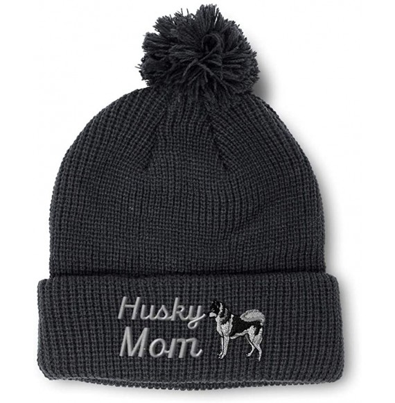 Skullies & Beanies Winter Pom Pom Beanie Men & Women Siberian Mom Husky Dog Pet Embroidery 1 Size - Black - CX18A0E9438