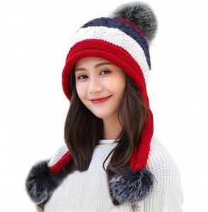 Skullies & Beanies Women Fleece Lined Winter Beanie Hat Ski Cap Ear Flaps Peruvian Dual Layered Pompoms - B03-lut010-hongse -...