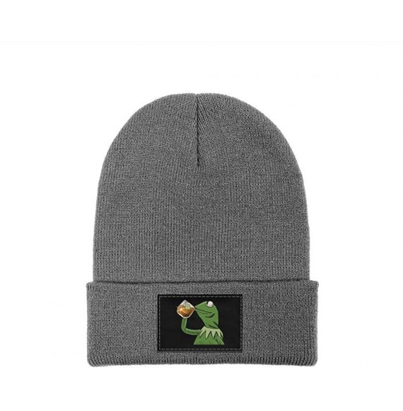 Skullies & Beanies Mens Womens Warm Solid Color Daily Knit Cap Funny-Green-Frog-Sipping-Tea Headwear - Gray-2 - C018N6Z5RD6