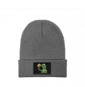 Skullies & Beanies Mens Womens Warm Solid Color Daily Knit Cap Funny-Green-Frog-Sipping-Tea Headwear - Gray-2 - C018N6Z5RD6