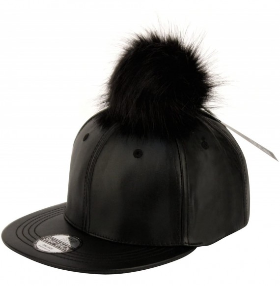 Baseball Caps Faux Leather Pom Pom with Snapback Baseball Cap Black - C7129S79YJZ