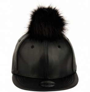 Baseball Caps Faux Leather Pom Pom with Snapback Baseball Cap Black - C7129S79YJZ