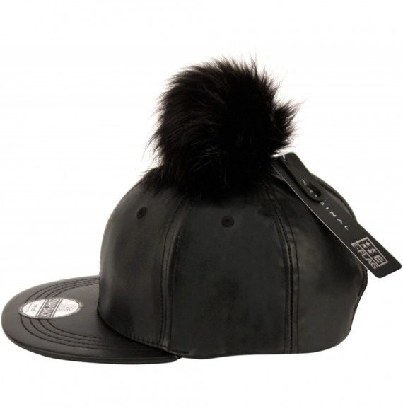 Baseball Caps Faux Leather Pom Pom with Snapback Baseball Cap Black - C7129S79YJZ