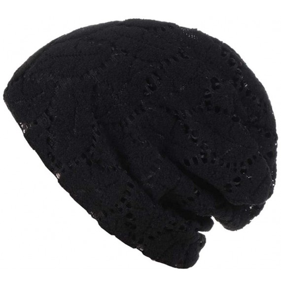 Baseball Caps Womens Cotton Beanie Lace Turban Sleep Cap Chemo Hats Fshion Slouchy Hat - Black - CK18H0YH69H