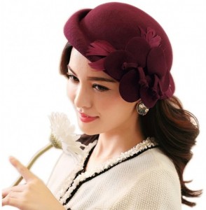 Skullies & Beanies Womens 100% Wool Veil Flower Pillbox Hat Winter Hat Crimping Beanie Hat - B-wine Red - CP18GTNDH2M