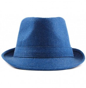 Fedoras Denim Fedoras Hats for Women Men Solid Manhattan Structured Gangster Trilby Bowler Jazz Hat - Dark Blue - CI18NOXR7LS