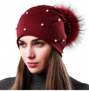 Skullies & Beanies Womens Slouchy Beanie Hat with Real Raccoon Fur Pompom Cotton Pearls Winter Fall Hat - Wine Red 1 - CZ1927...