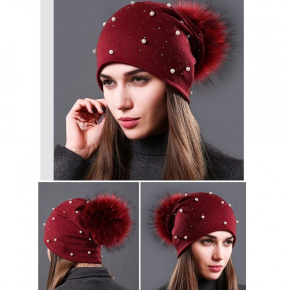 Skullies & Beanies Womens Slouchy Beanie Hat with Real Raccoon Fur Pompom Cotton Pearls Winter Fall Hat - Wine Red 1 - CZ1927...