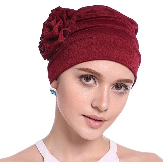 Skullies & Beanies Women Chemo Cap Turban Headwear Sleep Hat with Elegant Side Flower Pleated Skull Caps - Black Pack of 3 - ...