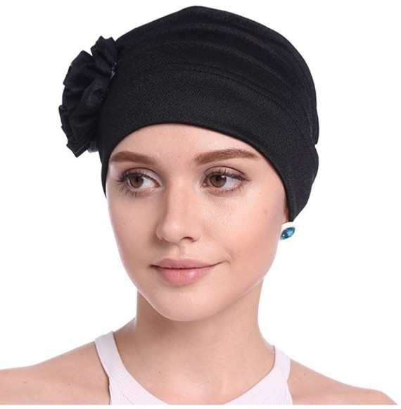 Skullies & Beanies Women Chemo Cap Turban Headwear Sleep Hat with Elegant Side Flower Pleated Skull Caps - Black Pack of 3 - ...