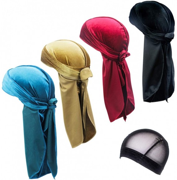 Skullies & Beanies 4 Pcs Unisex Velvet Durag Extra Long-Tail Du Rags Wide Straps for Men Waves - Style4 - C718Z2U3OQ5