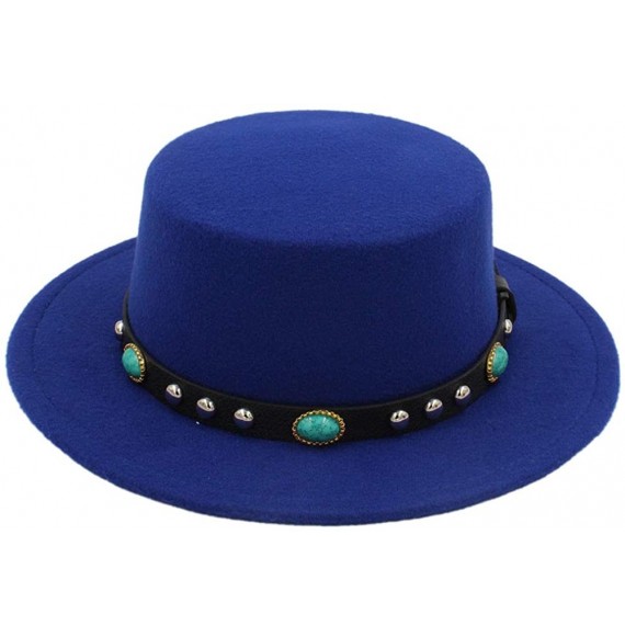 Fedoras Women Men Wool Boater Hat Wide Brim Pork Pie Cap Turquoise Rivets Leather Belt - Blue - CG18HCMX7KR