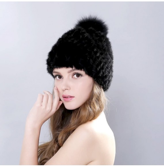 Skullies & Beanies Women Winter Mink Fur Hat Knit Beanie Pom Pom Skull Cap Luxurious Hats - C11885C0IDS