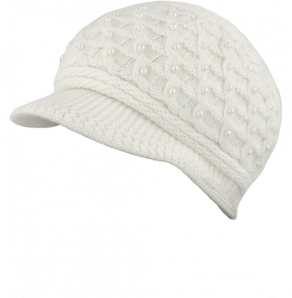 Newsboy Caps Women's Angora Newsboy Cap Hat - Faux Pearl Accent - Dual Layer - White - CX11Q68MR8Z