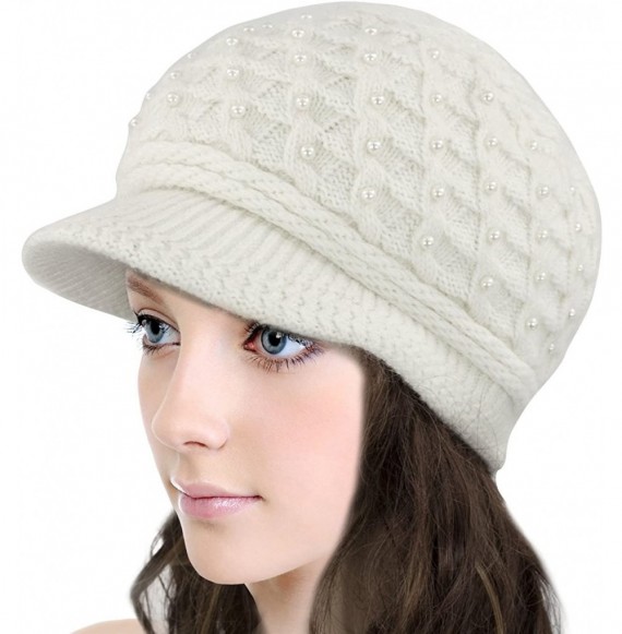 Newsboy Caps Women's Angora Newsboy Cap Hat - Faux Pearl Accent - Dual Layer - White - CX11Q68MR8Z