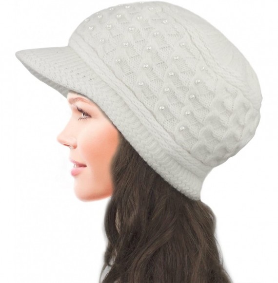 Newsboy Caps Women's Angora Newsboy Cap Hat - Faux Pearl Accent - Dual Layer - White - CX11Q68MR8Z