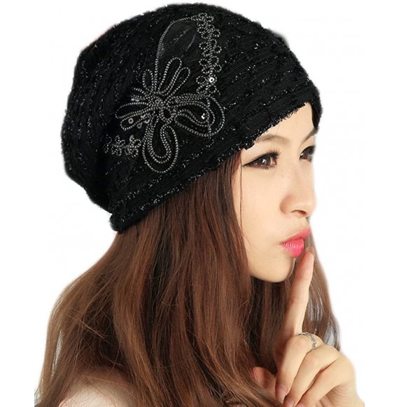 Skullies & Beanies Womens Lace Sequin Butterfly Beanie Hat Cap Turban - Black - CB127J3EO45