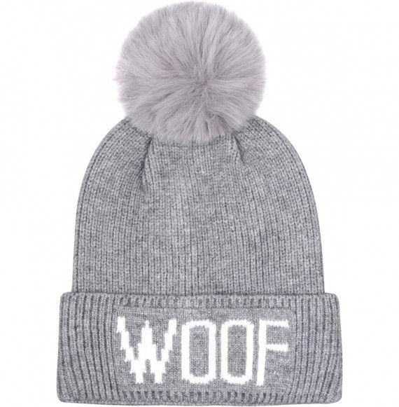 Skullies & Beanies Dog Lover Stretchy Woof Faux Fur Pompom Knit Beanie Skully Toque - Grey Hat White Woof Grey Pompom - C318Z...