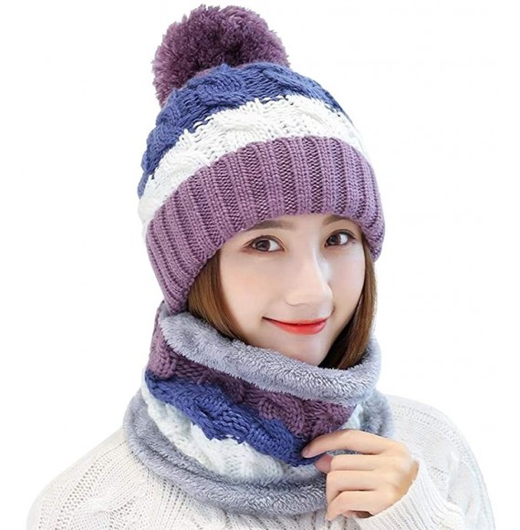 Skullies & Beanies Fleece Lined Women Knit Beanie Scarf Set for Girl Winter Ski Hat with Pompom - C1-purple - CE18AY9E0MT