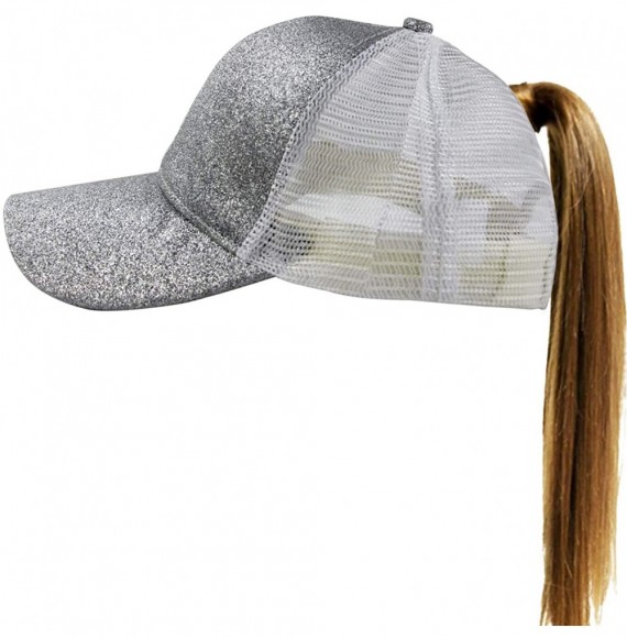 Baseball Caps Women's Ponytail Baseball Cap Messy High Bun Adjustable Plain Trucker Dad Hat - Glitter-silver Gray - CM18N7LT4U7