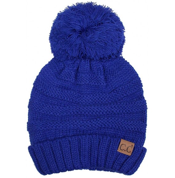 Skullies & Beanies Warm Chunky Soft Oversized Cable Knit Slouchy Beanie with Pom Pom - Royal Blue - CT12KBZO083