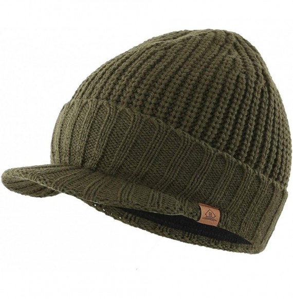 Skullies & Beanies Men's Outdoor Newsboy Hat Winter Warm Thick Knit Beanie Cap with Visor - Army Green - CE18I7KWWWQ