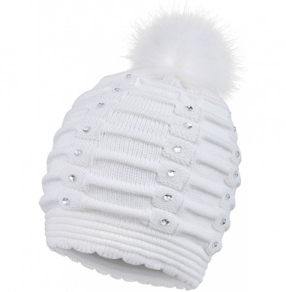 Skullies & Beanies Womens Faux Fur Pompom Knit Winter Beanie Hat w/Sequins - White - CH188O7O0L4