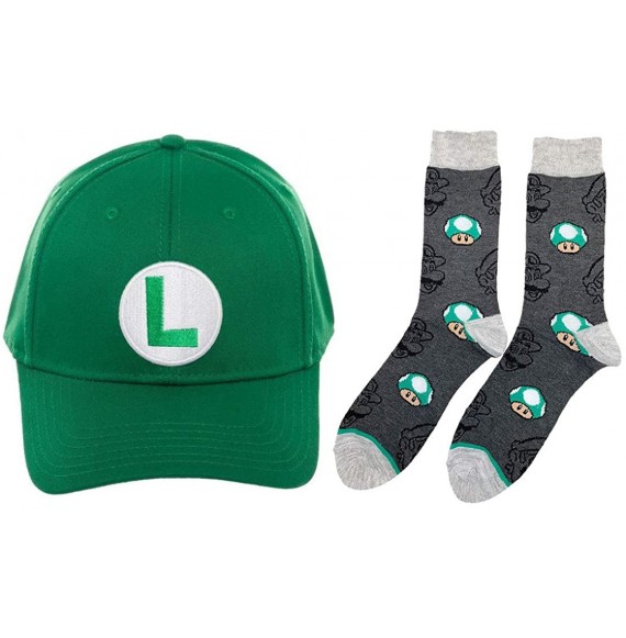 Baseball Caps Nintendo Super Mario Bros Green Luigi Baseball Cap and Grey Mushroom Crew Sock Gift Bundle - C018YYGWIC5