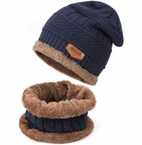 Skullies & Beanies Winter Beanie Hat Scarf Set Fleece Lining Knit Beanie for Men Women Kids - A - Navy Blue - C0192ZK4MRY