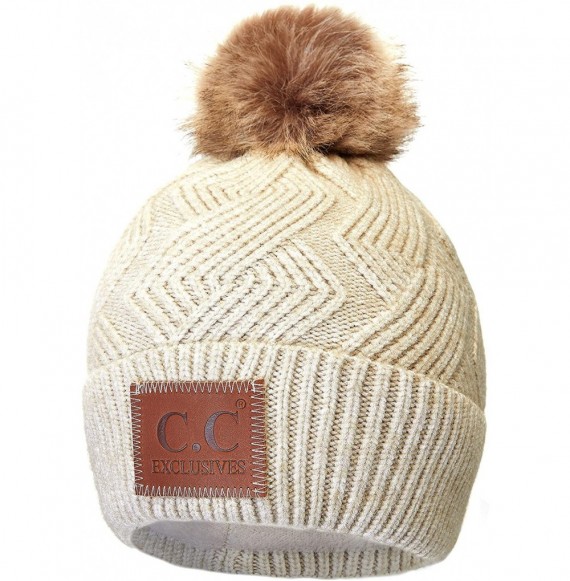 Skullies & Beanies Exclusives Geometric Cable Beanie Hat with Faux Fur Pom (HAT-2298) - Beige - CV18S5QT2D0