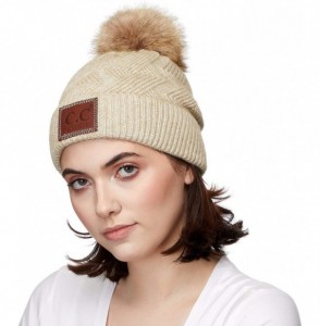 Skullies & Beanies Exclusives Geometric Cable Beanie Hat with Faux Fur Pom (HAT-2298) - Beige - CV18S5QT2D0