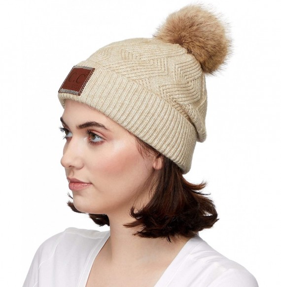 Skullies & Beanies Exclusives Geometric Cable Beanie Hat with Faux Fur Pom (HAT-2298) - Beige - CV18S5QT2D0