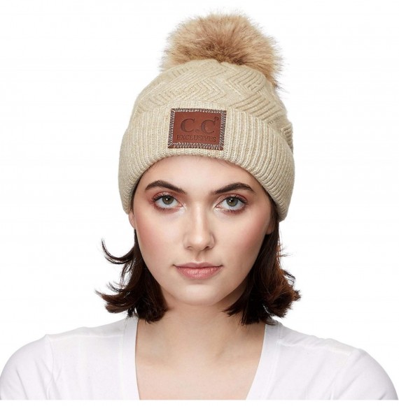 Skullies & Beanies Exclusives Geometric Cable Beanie Hat with Faux Fur Pom (HAT-2298) - Beige - CV18S5QT2D0