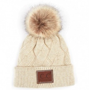 Skullies & Beanies Exclusives Geometric Cable Beanie Hat with Faux Fur Pom (HAT-2298) - Beige - CV18S5QT2D0