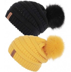 Skullies & Beanies Women Knit Beanie hat with Faux Fur Pom Pom Hats Thick Soft Warm Slouchy Chunky Baggy Ski Cap for Lady - C...