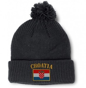 Skullies & Beanies Winter Pom Pom Beanie for Men & Women Croatia Flag Embroidery Skull Cap Hat - Black - CR18ZH6KDES