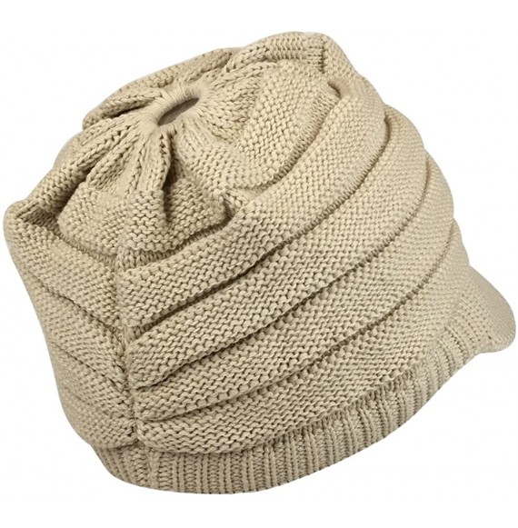 Skullies & Beanies Women's Lightweight Ribbed Knit Brim Ponytail Visor Beanie Cap - Beige - C2187DO5HQ8