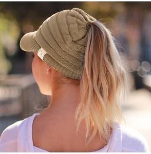 Skullies & Beanies Women's Lightweight Ribbed Knit Brim Ponytail Visor Beanie Cap - Beige - C2187DO5HQ8