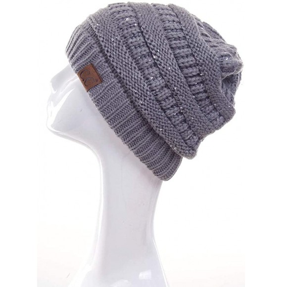 Skullies & Beanies Women Knitted Sparkle Sequin Soft Skull Cap Ponytail Messy Bun Beanie - Natural Gray - CL18IC66XA4