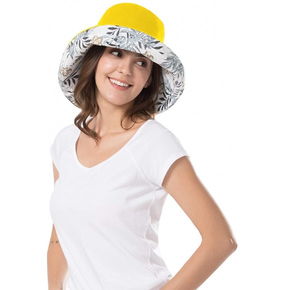 Sun Hats Women Wide Brim Sun Hats Foldable UPF 50+ Sun Protective Bucket Hat - Printing-yellow - C818T6SLOAI