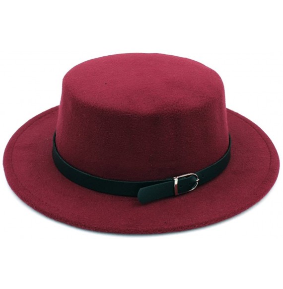 Fedoras Women Wool Blend Boater Hat Sailor Flat Top Bowler Cap Belt Buckle Band - Wine Red - C6184X5C9SG