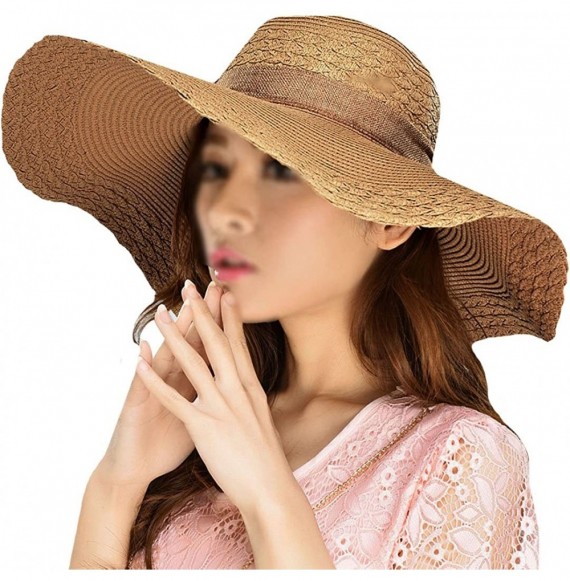 Sun Hats Womens Bowknot Straw Hat Floppy Wide Brim Roll up Sun Hat Beach Cap UPF 50+ - Light Brown - CH180O2MM4E