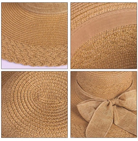 Sun Hats Womens Bowknot Straw Hat Floppy Wide Brim Roll up Sun Hat Beach Cap UPF 50+ - Light Brown - CH180O2MM4E