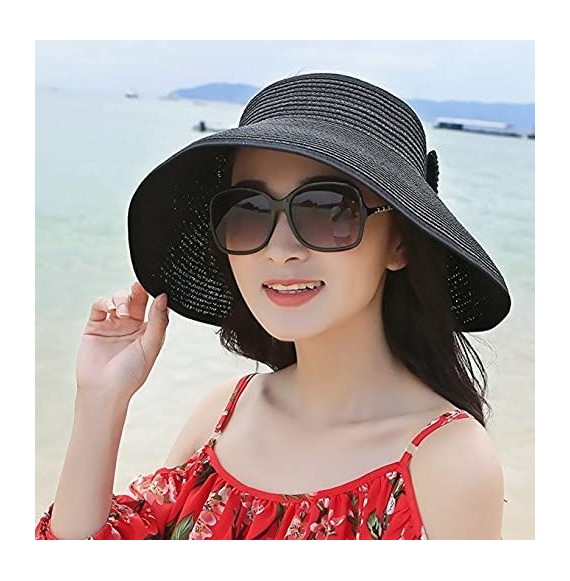 Sun Hats Women Sun Visor Hats Summer Roll Up Packable Wide Brim Straw Hat - Black - CR17YQIXXT7