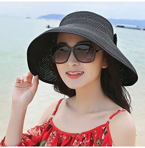 Sun Hats Women Sun Visor Hats Summer Roll Up Packable Wide Brim Straw Hat - Black - CR17YQIXXT7